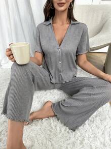 生菜色饰边上衣和裤子休闲套装 - 灰色 - 查看 1