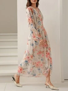 Aveloria Rosie 优雅法式花园花卉轻质雪纺连衣裙，配 PU 腰带，立领，长袖，及踝长，春秋情人节 - 彩色 - 查看 5