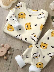 SHEIN 男婴休闲卡通老虎印花舒适长袖上衣和裤子套装，秋冬舒适家居服 - 彩色 - 查看 3