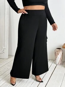 SHEIN CURVE+ Plus Size Women's High Waisted Elastic Wide Leg Pants, Daily Casual Streetwear With Pockets, Workwear Style,