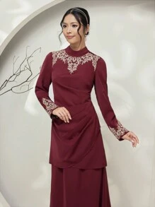 Graceveil Completo modesto con blusa a maniche lunghe con colletto alla coreana e pantaloni, con stampa floreale, in stile cheongsam antico