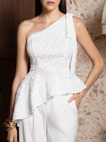 VERO DIAZ Designer Women's Business Casual Elegant White Lace Asymmetrical Neck Ruffled Hem Sexy Sleeveless Top, Going Out, Spring, Festival, Office - White - View 6