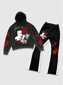 ROMWE MEN Street Life Setelan Kasual 2 Potong untuk Pria: Hoodie Bergambar Potret dan Celana Olahraga Tali Serut Warna Kontras - Hitam - View 1