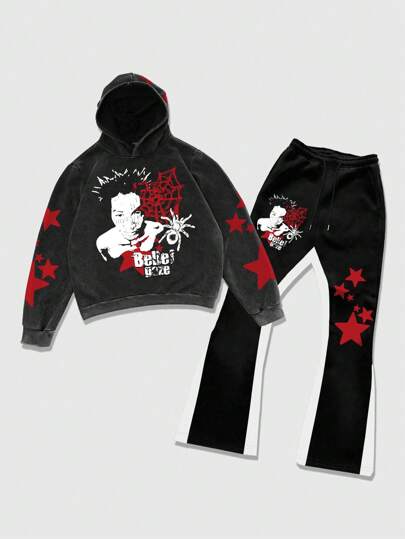 Street Life 2pcs Casual Outfit For Men: Portrait Graphic Hoodie And Contrast-Color Drawstring Sweatpants Tracksuit