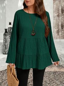 EMERY ROSE Plus Size Solid Color Round Neck Long Sleeve Pleated Minimalist Blouse, Casual Everyday Wear, Autumn&Winter Women Clothes - Dark Green - View 1