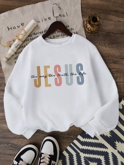 SHEIN Tween Girl "Jesus The Way, The Truth, The Life" Graphic Crew Neck Sweatshirt