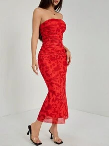 SHEIN PETITE 优雅植物印花垂坠紧身网眼迷你连衣裙