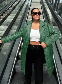 EURMUSE Women Casual Plain Diamond Quilted Padded Coat, Winter - Green - View 3