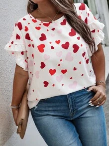 SHEIN LUNE Camisa con estampado de corazón para tallas grandes, para el verano - Rojo y blanco - Ver 5