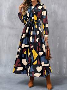 EMERY ROSE 秋季女装，有袖连衣裙，长款秋季连衣裙，几何印花图案可调节腰带连衣裙