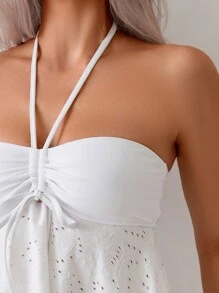 SHEIN Swim Set de 2 piezas para mujer de top camiseta con tirantes finos, cuello drapeado y bottom de bikini con volantes, traje de baño de verano de unicolor