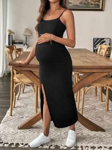 SHEIN 孕妇纯色黑色细肩带开衩简约休闲长款连衣裙