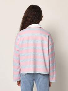 SUMWON Tween Girls Comfy Boxy Fit Rugby Pink & Grey Stripe Long Sleeve Polo Tee - Baby Pink - View 2