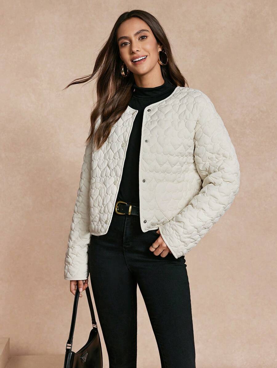 SHEIN Unity Women's Solid Color Front Button Long Sleeve Simple Casual Padded Padded Coat Clothes Winter Fall Cloth For Women - Apricot - View 1