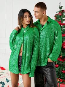 Mainfolk Unisex Loose Fit Batwing Long Sleeve Shirt With Sequin Embroidery, Streetwear Style, Fall, For Christmas - Green - View 6