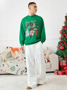 Manfinity VCAY Printed Digital Graphic Loose Fit Drop Shoulder Crew Neck Sweatshirt, Christmas Going Out Graphic Long Sleeve Forest Green Sweatshirt, For Friends, Husband, Boyfriend Gifts, For Fall Winter - Green - View 5