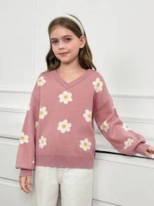 Jersey de punto con cuello en V y diseño floral intarsia informal para niñas preadolescentes