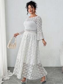 Flirla 大码女式浪漫3D刺绣蕾丝长裙 - 杏色 - 查看 8