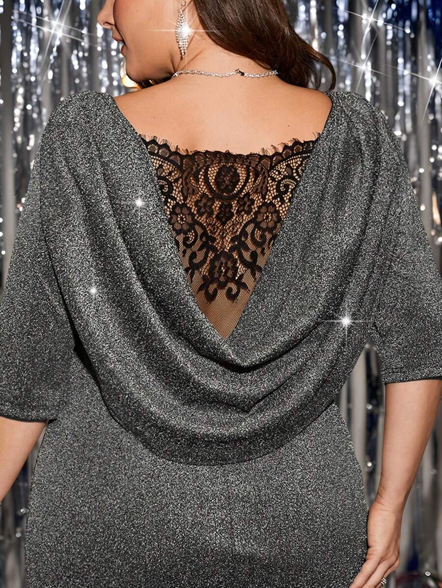 SHEIN Clasi 大码女式优雅派对闪亮对比蕾丝长裙，秋季 - 銀色 - 查看 1