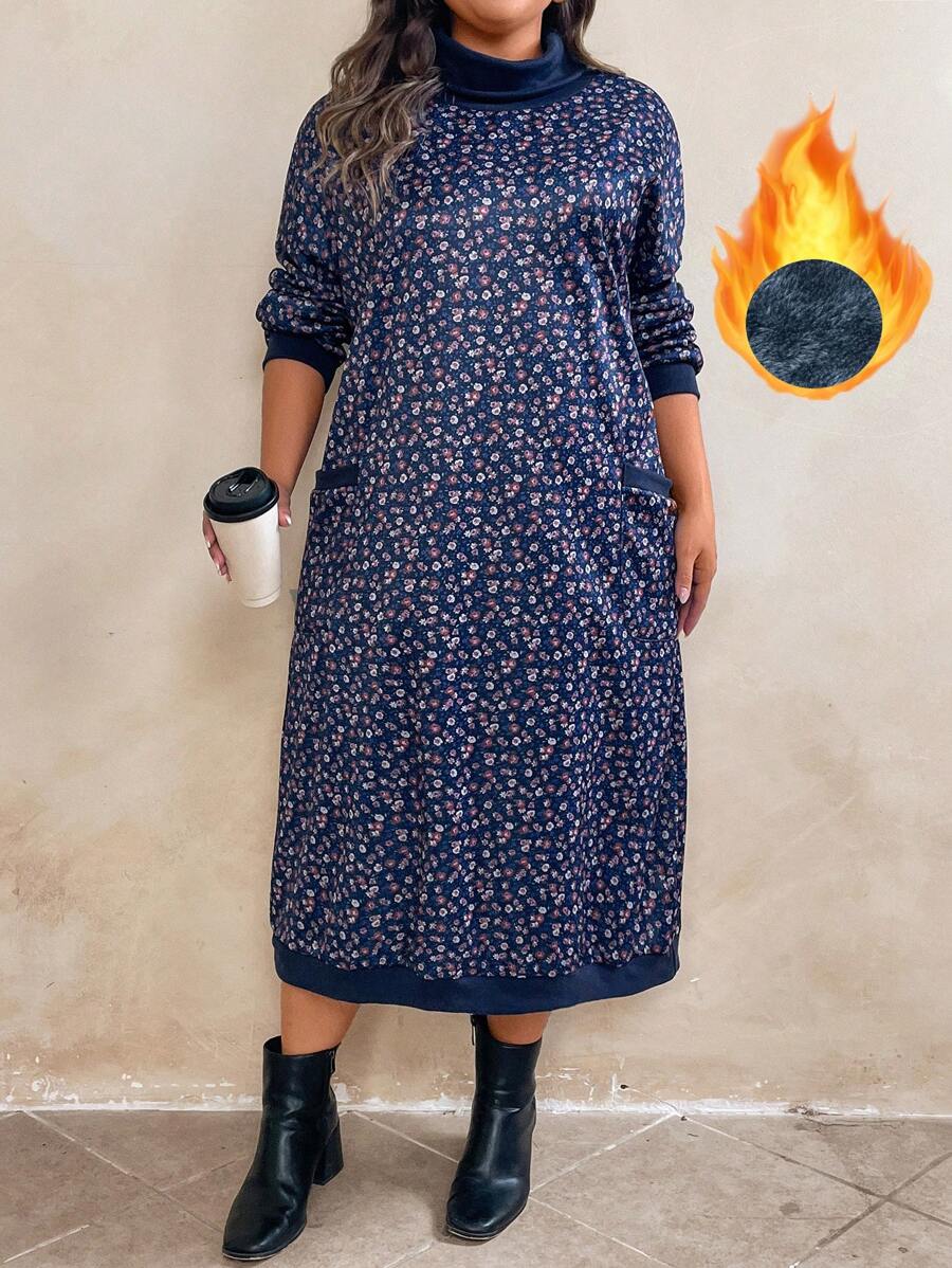 Vestido maxi para mujer de talla grande con cuello alto, estampado floral minúsculo y forro térmico - Multicolor - Ver 1