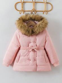 Abrigo acolchado negro con cuello esponjoso y cinturón con moño para niñas jóvenes - Rosa - Ver 8