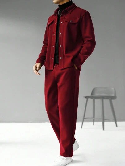 Manfinity Homme 2 件男士纯色前扣衬衫（带口袋）和休闲裤套装，秋季服装，舒适服装