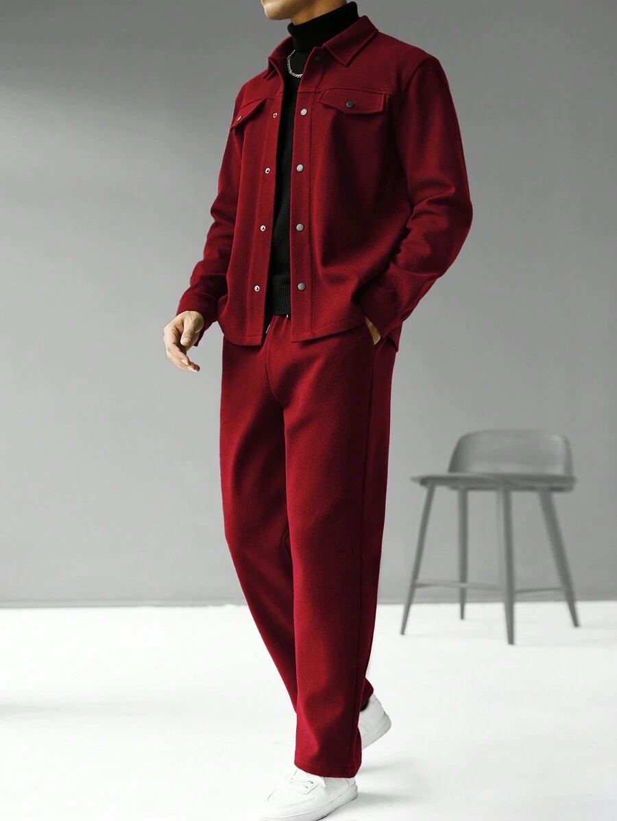 Manfinity Homme 2pcs Men's Solid Color Front Button Shirt With Pocket And Casual Pants Set, Fall Clothes, Cozy Outfits - Burgundy - View 1