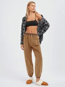 Easelle Distressed Wash Khaki Color Slim Fit Drawstring Waist Casual Sweatpants, Autumn/Winter - Khaki - View 5