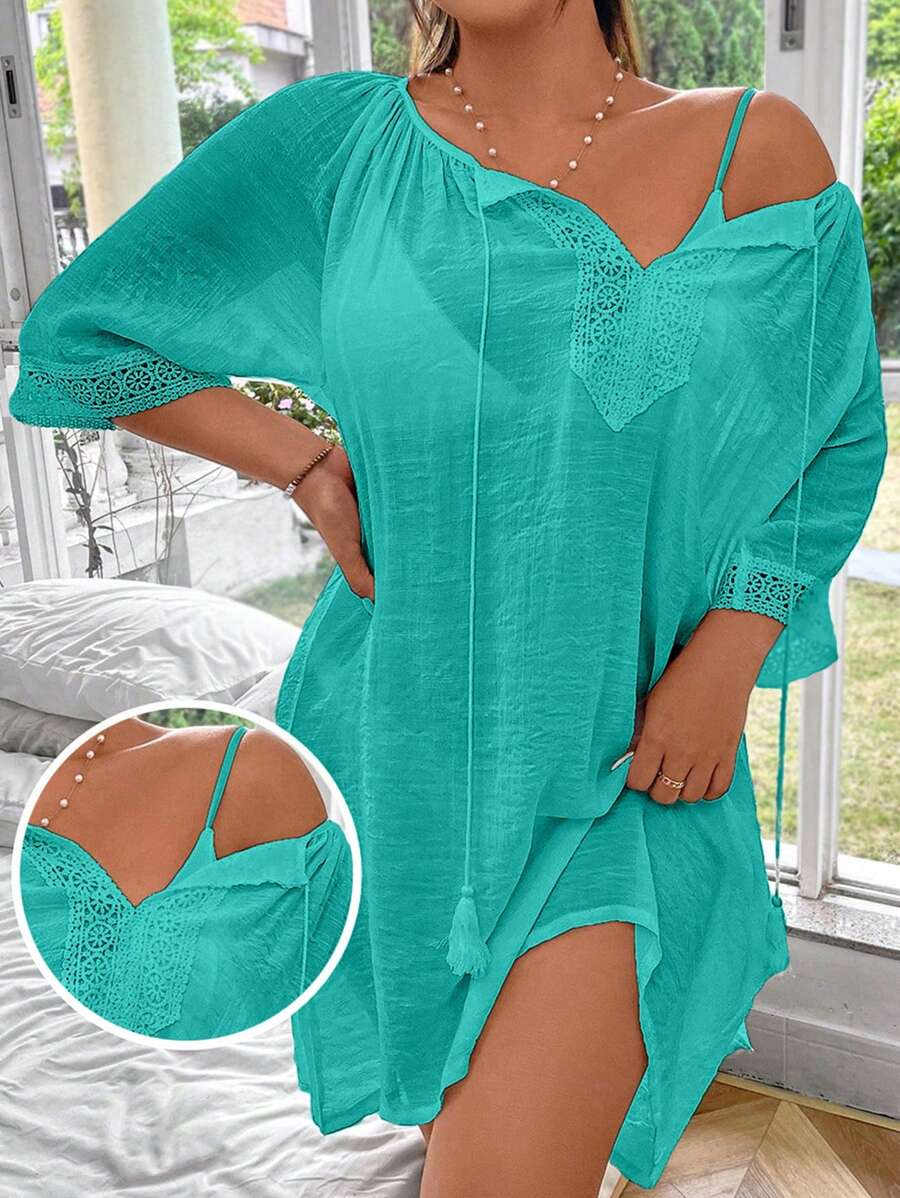 Swim Lushoire Plus Size Women Solid Color One-Piece Dropped Shoulder Shorts Set, Loose Fit Casual Beach Swimsuit Cover Up Tunic For Summer Beach Vacation
