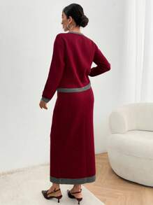 EURMUSE Textured Cardigan And Midi Skirt Set With Contrast Trim - Burgundy - View 2