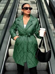 EURMUSE Women Casual Plain Diamond Quilted Padded Coat, Winter - Green - View 6
