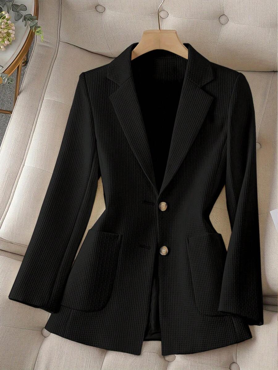SHEIN Clasi 春秋女士休闲纯色双口袋黑色西装外套 - 黑色 - 查看 1