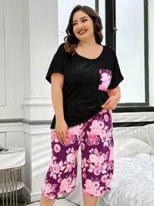2 sztuki Plus Size Floral Print Pocket Sweter Krótki Rękaw i Spodnie 3/4 Zestaw Piżamy