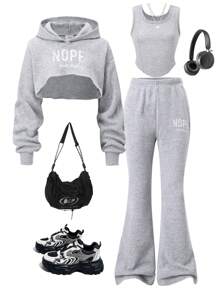 SHEIN 3 件套女孩青少年字母印花连帽运动衫 + 背心 + 阔腿裤，休闲运动装 - 灰色 - 查看 1