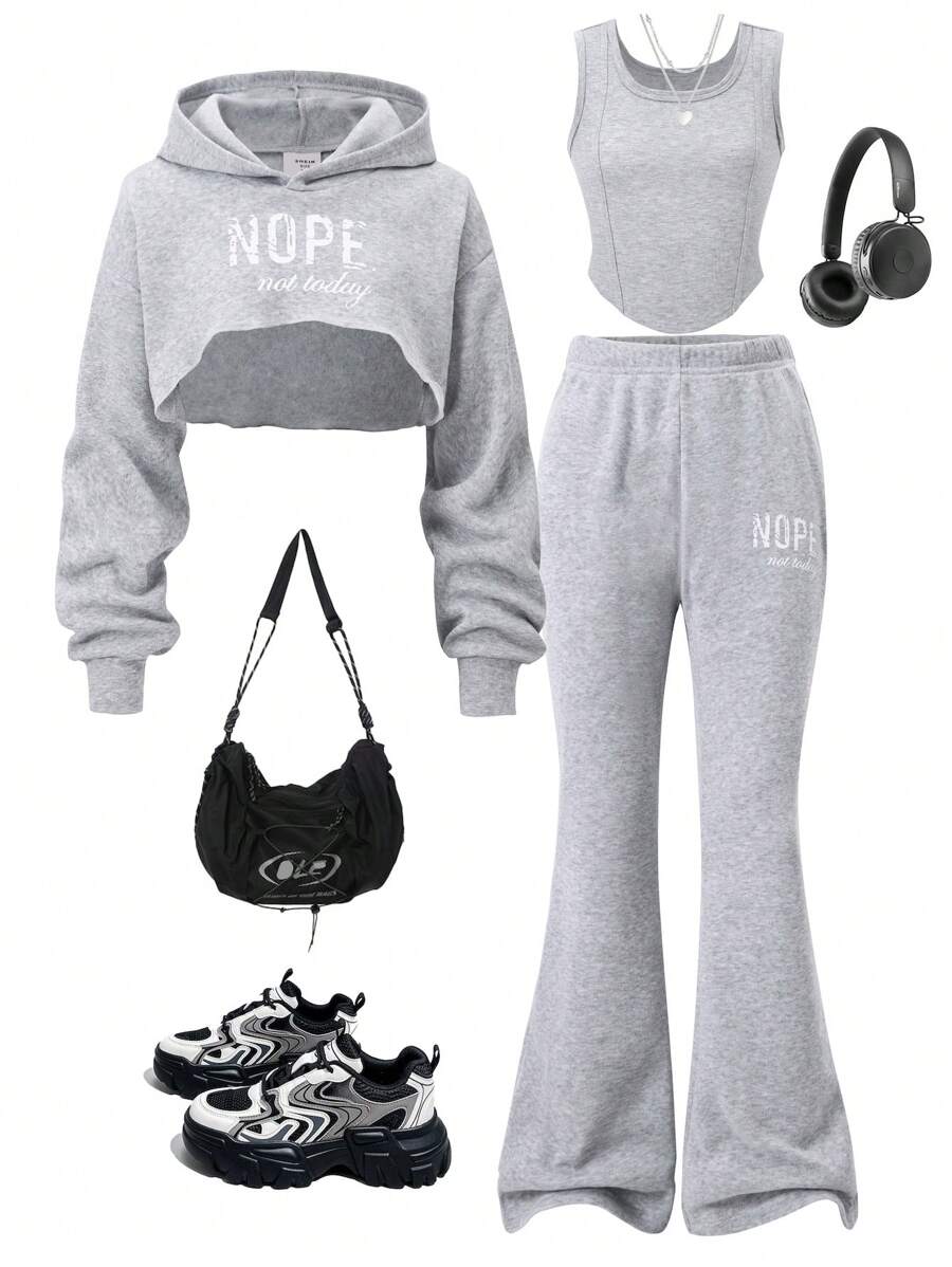 SHEIN 3 件套女孩青少年字母印花连帽运动衫 + 背心 + 阔腿裤，休闲运动装 - 灰色 - 查看 1