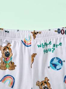 SCOOBY-DOO X SHEIN 小男孩卡通小狗，彩虹和太阳印花可爱舒适休闲长袖T恤和裤子睡衣套装，杏色和蓝色 - 藍白色 - 查看 5