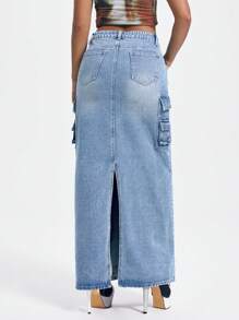 SHEIN ICON Retro Floral Print Multi Pocket Low-Waisted Women's Denim Maxi Skirt - Dark Wash - View 2