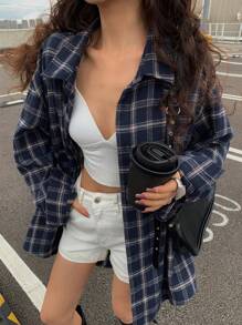 DAZY 复古格子女士休闲落肩长袖单排扣衬衫，秋季，法兰绒女士 - 藏蓝色 - 查看 1