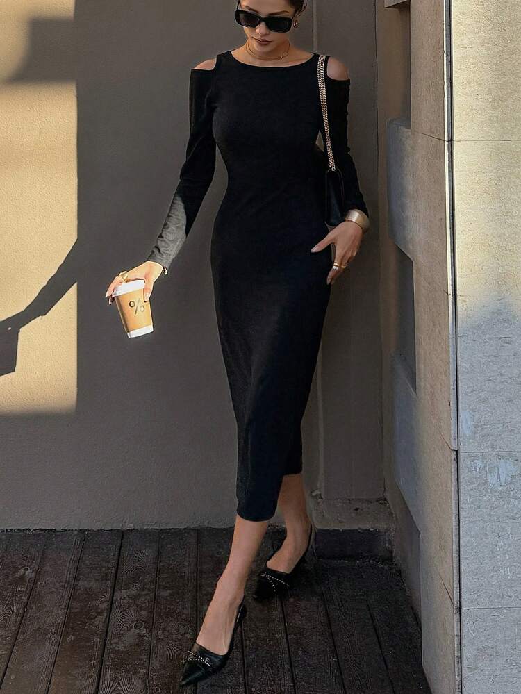 Solid Color Open Shoulder Long Sleeve Bodycon Dress For Women,Fall Dress