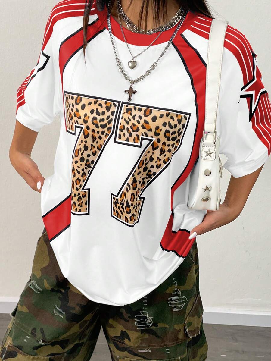 INAWLY Áo thun nữ tay ngắn họa tiết da báo và sọc thường ngày in hình báo gêpa - Nhiều màu - Xem 1