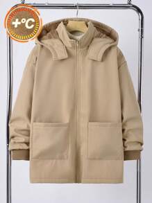 SHEIN Leap Crew Áo khoác dài vừa phải có mũ trùm đầu, khóa kéo, màu kaki, dành cho bé trai tuổi teen, lót giữ nhiệt ấm áp, chống gió, đa năng cho mọi hoạt động hàng ngày, ngoài trời, đi học, thu/đông - Màu Khaki - Xem 6