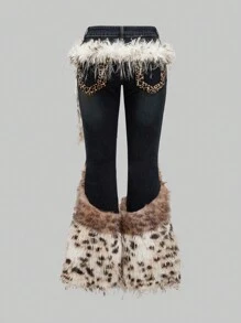 ROMWE J-Fashion Y2K Gyaru Inspired Low Rise Vintage Leopard Print Faux Fur Flared Jeans - Blue - View 2