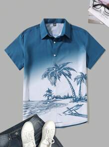 Manfinity RSRT Camisa casual de manga corta de abotonadura sencilla con estampado de palmeras para hombre - Multicolor - Ver 4