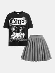 SHEIN Leap Crew Bộ 2 áo thun tay ngắn in họa tiết đồ họa rộng rãi cho bé gái tuổi mới lớn và chân váy xếp ly - Nhiều màu - Xem 1