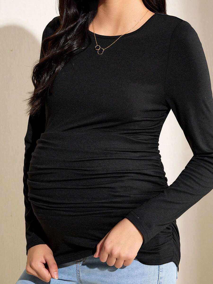 SHEIN 孕妇褶皱纯色黑色圆领长袖休闲 T 恤上衣,秋季 - 黑色 - 查看 1