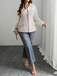 SHEIN Unity 大码女士优雅休闲工作通勤纯色拼布腰长袖衬衫，适合春秋季女士衬衫 - 杏色 - 查看 4