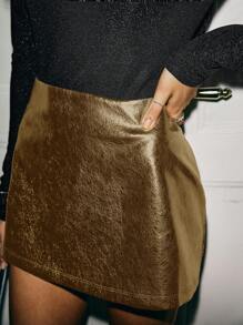 Poéselle Fitted Low Waisted Mini Skirt, Metallic Leather Skirt, Fall Skirt, Holiday Skirt, Women's Concert Skirt, Women's Skirt, Party Mini Skirt, Sparkly Mini Skirt, Mini Skirt For A Sparkly And Elegant Outing, Christmas Skirt - Bronze - View 2