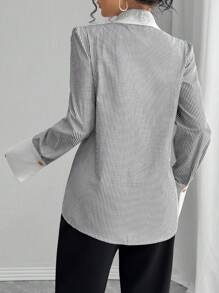 Calvaya Blusa casual con cuello vuelto, manga larga y botones, con diseño de rayas y empalmes, para mujer, apropiada para primavera y otoño