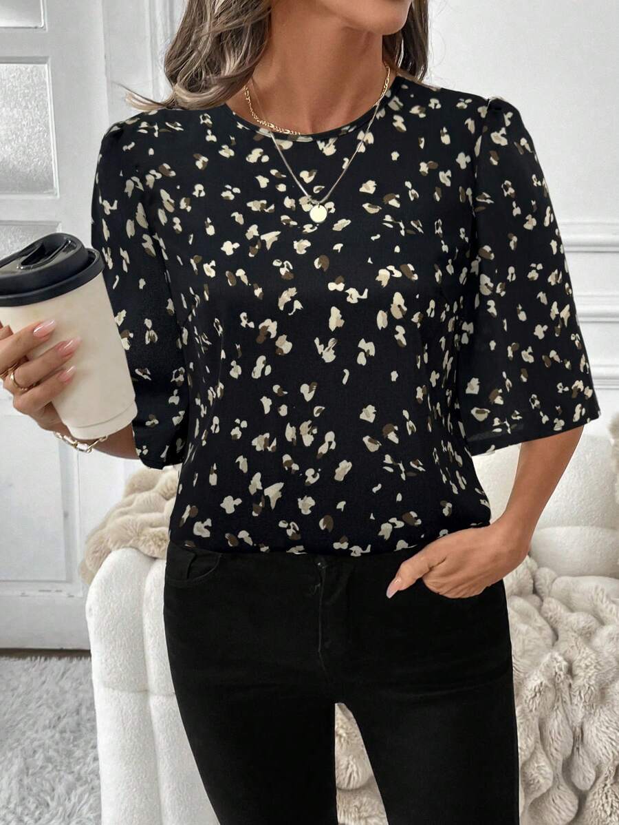 SHEIN LUNE 女式荷叶边泡泡袖动物印花衬衫，冬季休闲办公室工作服 - 黑色 - 查看 1