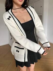 SHEIN MOD Casual Contrast Color Trim Bow Decor Cardigan, Autumn/Winter